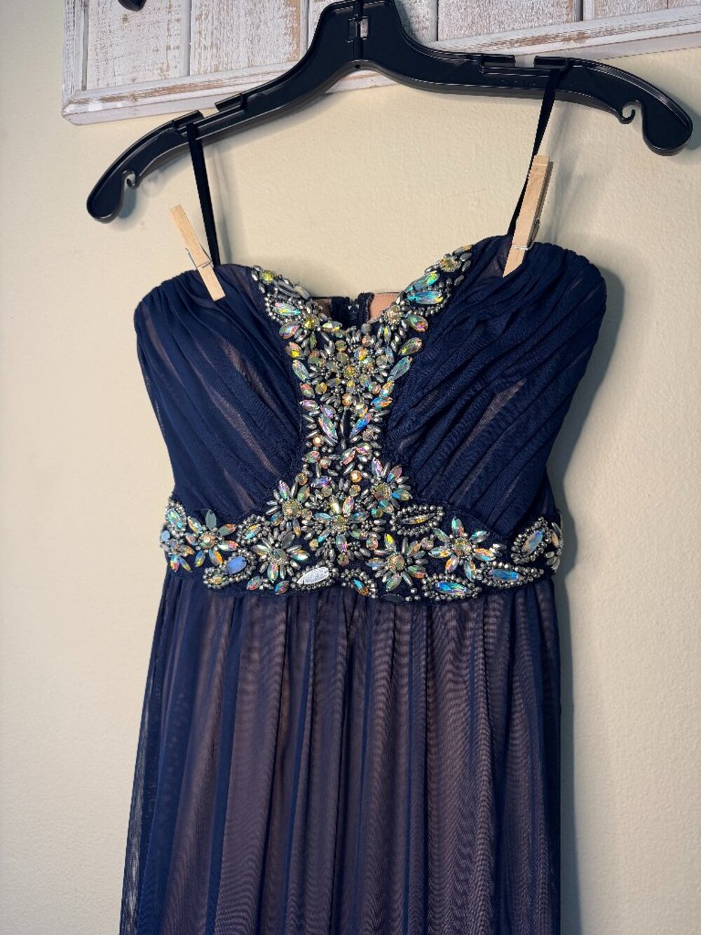Deb Juniors Navy Strapless Embellished Beaded Maxi Prom Dress Size 3